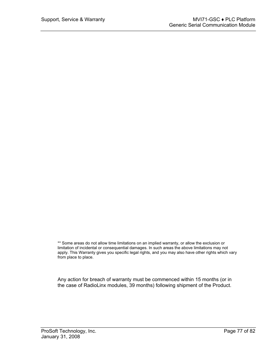Disclaimer regarding high risk activities, Disclaimer of all other warranties, Limitation of remedies | Time limit for bringing suit | ProSoft Technology MVI71-GSC User Manual | Page 77 / 82
