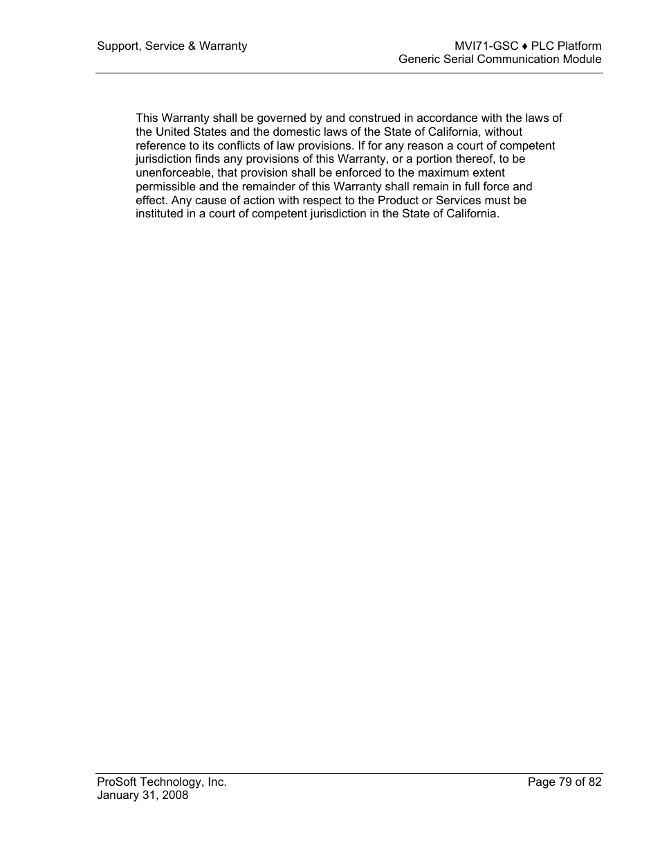 Controlling law and severability | ProSoft Technology MVI71-GSC User Manual | Page 79 / 82