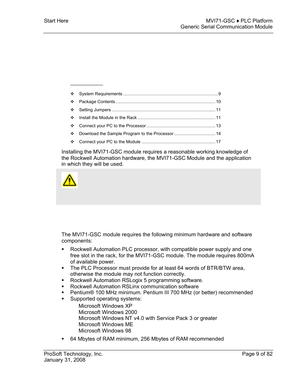 Start here, System requirements, E 9) | 1 start here | ProSoft Technology MVI71-GSC User Manual | Page 9 / 82