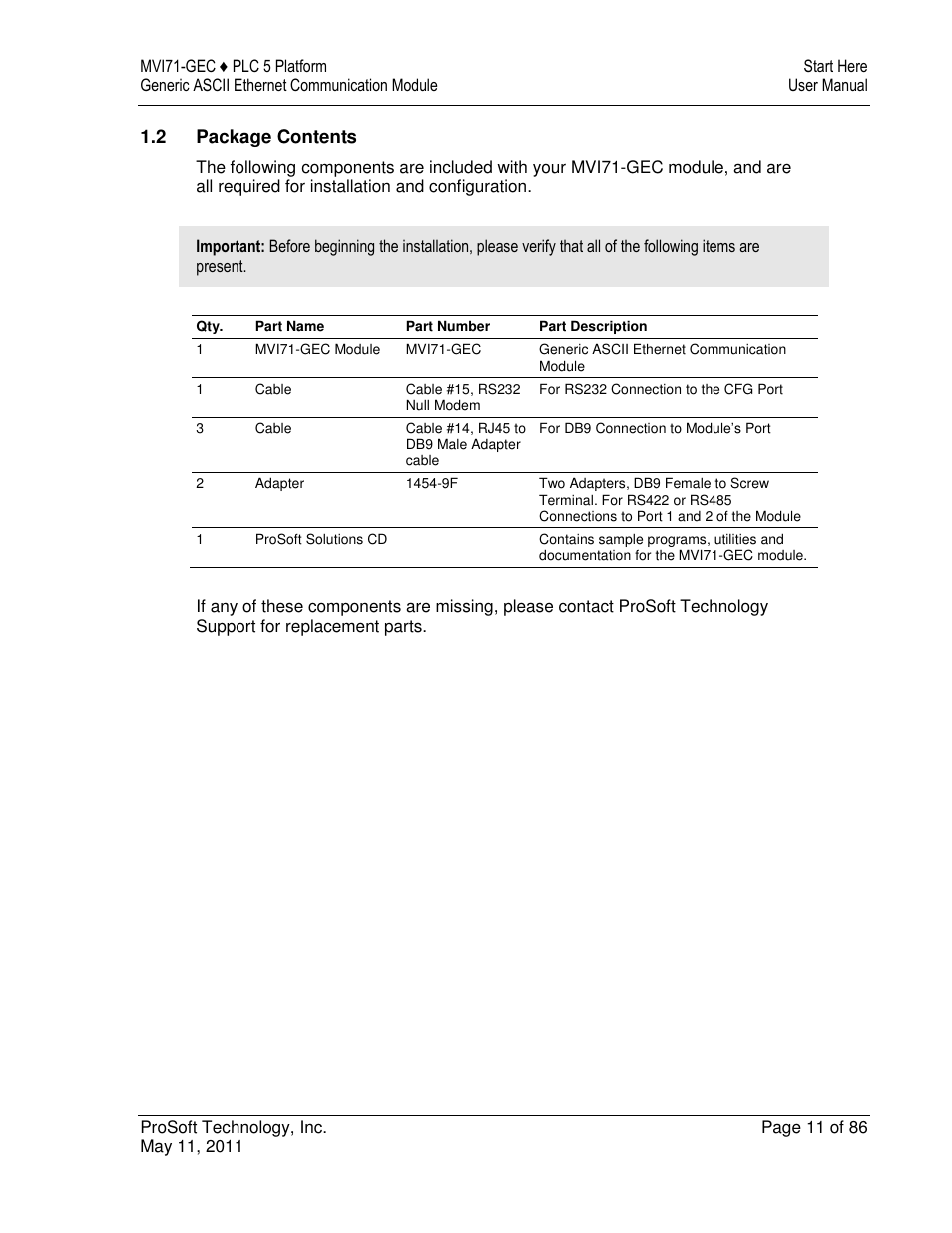 ProSoft Technology MVI71-GEC User Manual | Page 11 / 86