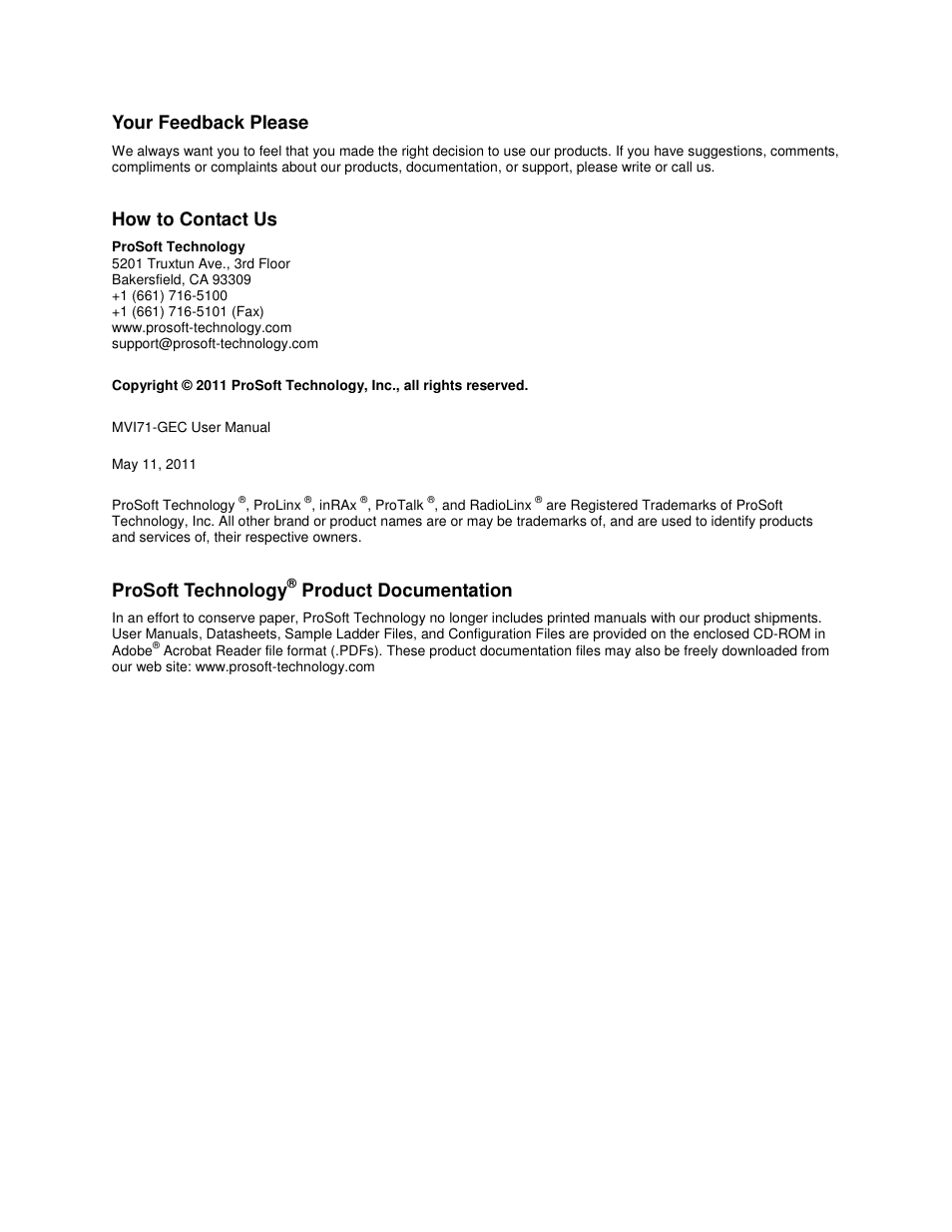 Your feedback please, How to contact us, Prosoft technology | Product documentation | ProSoft Technology MVI71-GEC User Manual | Page 2 / 86