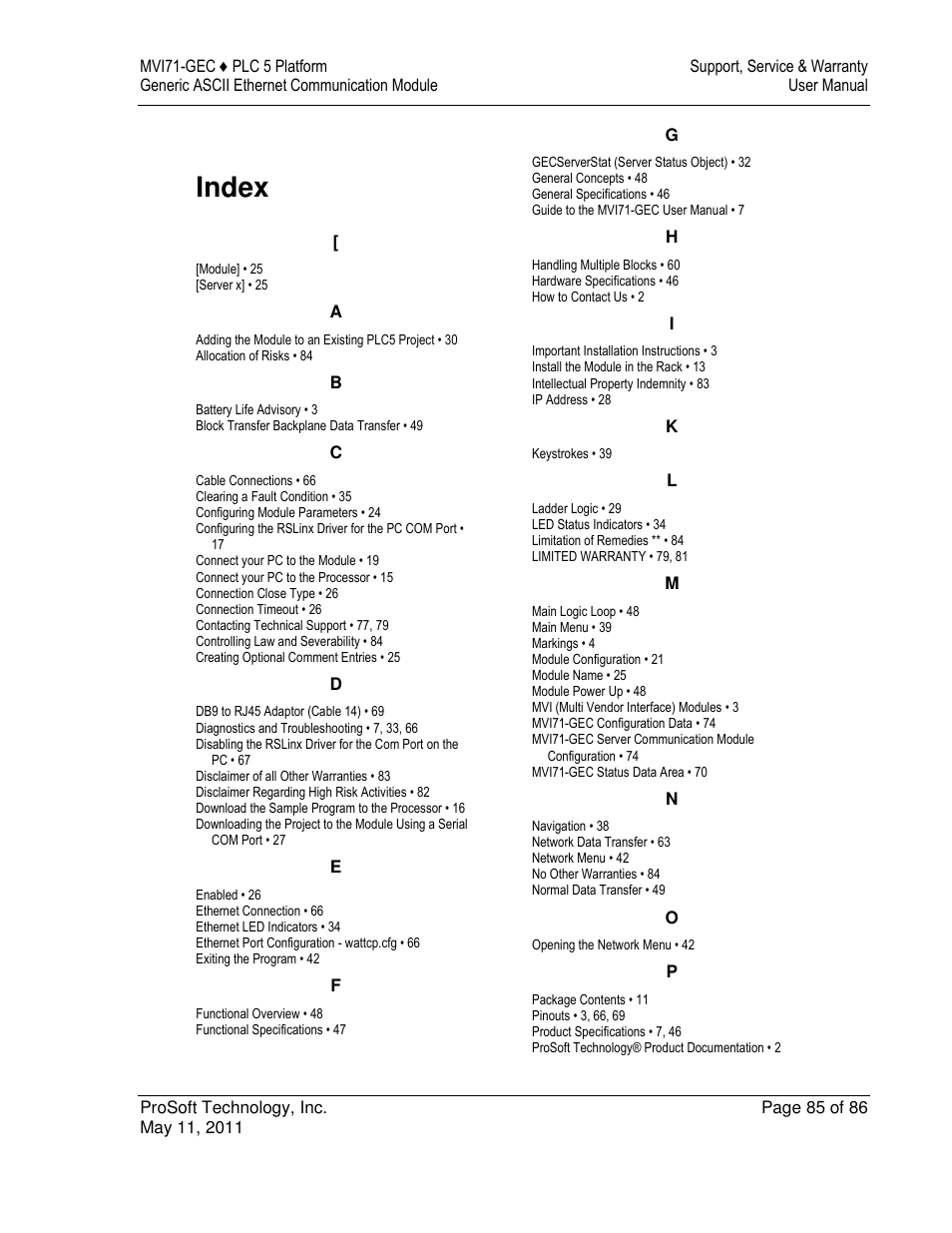 Index | ProSoft Technology MVI71-GEC User Manual | Page 85 / 86