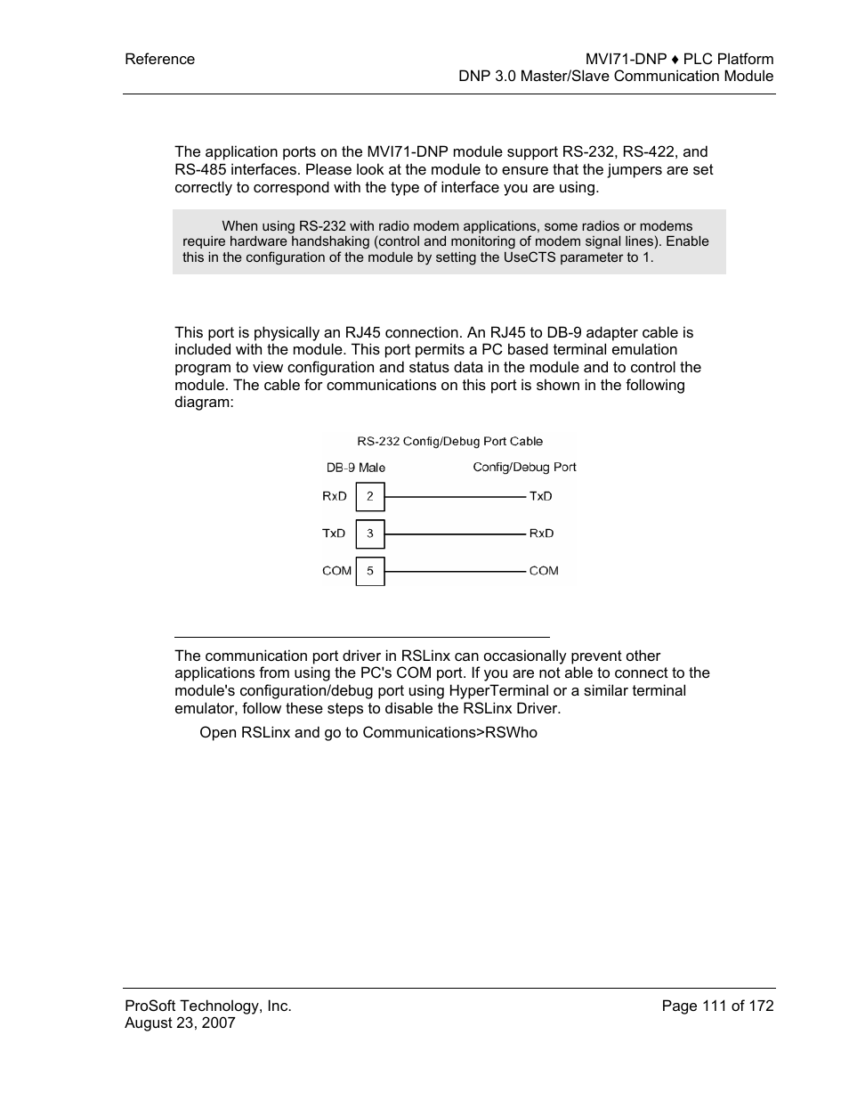 Cable connections, Rs-232 configuration/debug port, Cable | Connections | ProSoft Technology MVI71-DNP User Manual | Page 111 / 172