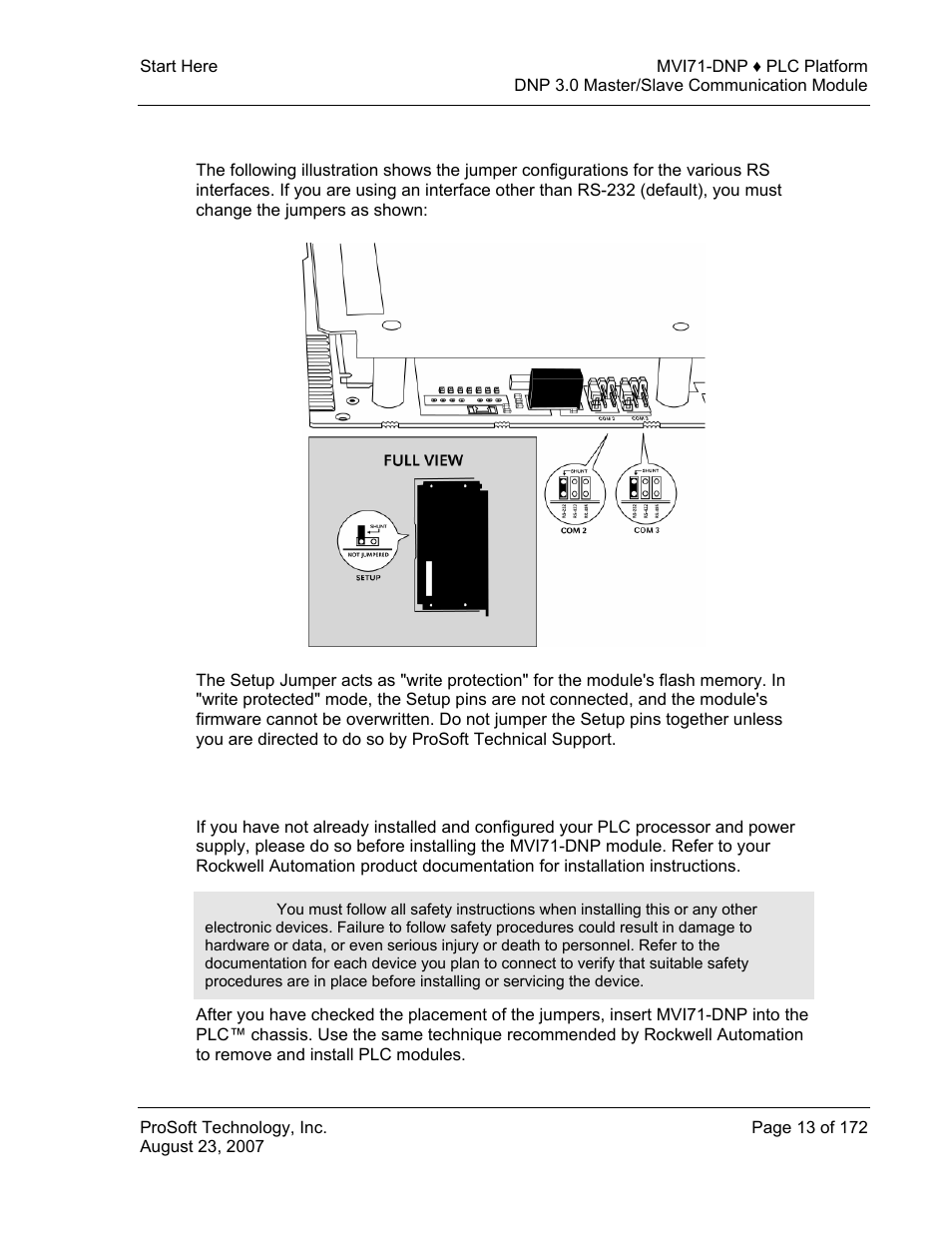 Setting jumpers, Install the module in the rack, Setting | Jumpers | ProSoft Technology MVI71-DNP User Manual | Page 13 / 172