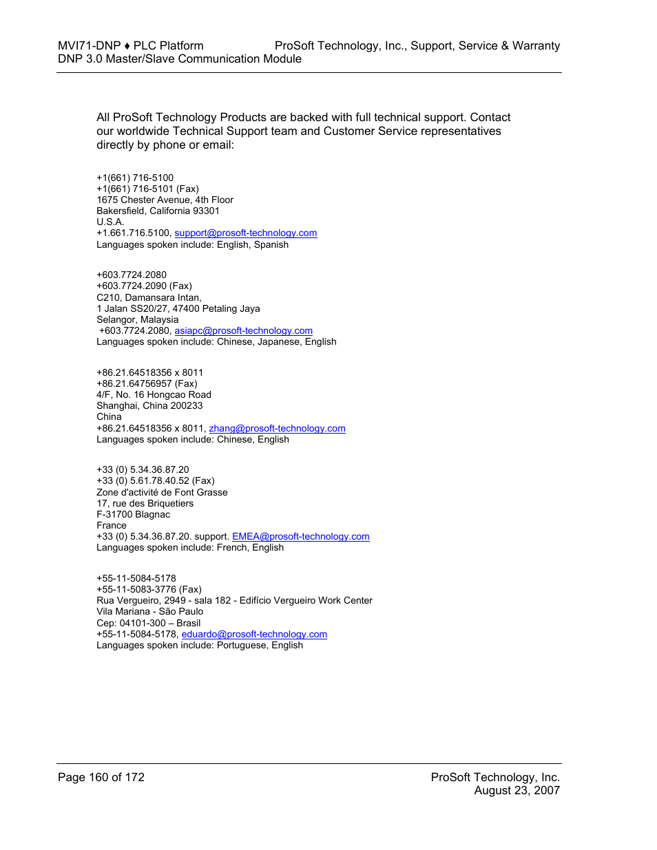 How to contact us: sales and support | ProSoft Technology MVI71-DNP User Manual | Page 160 / 172