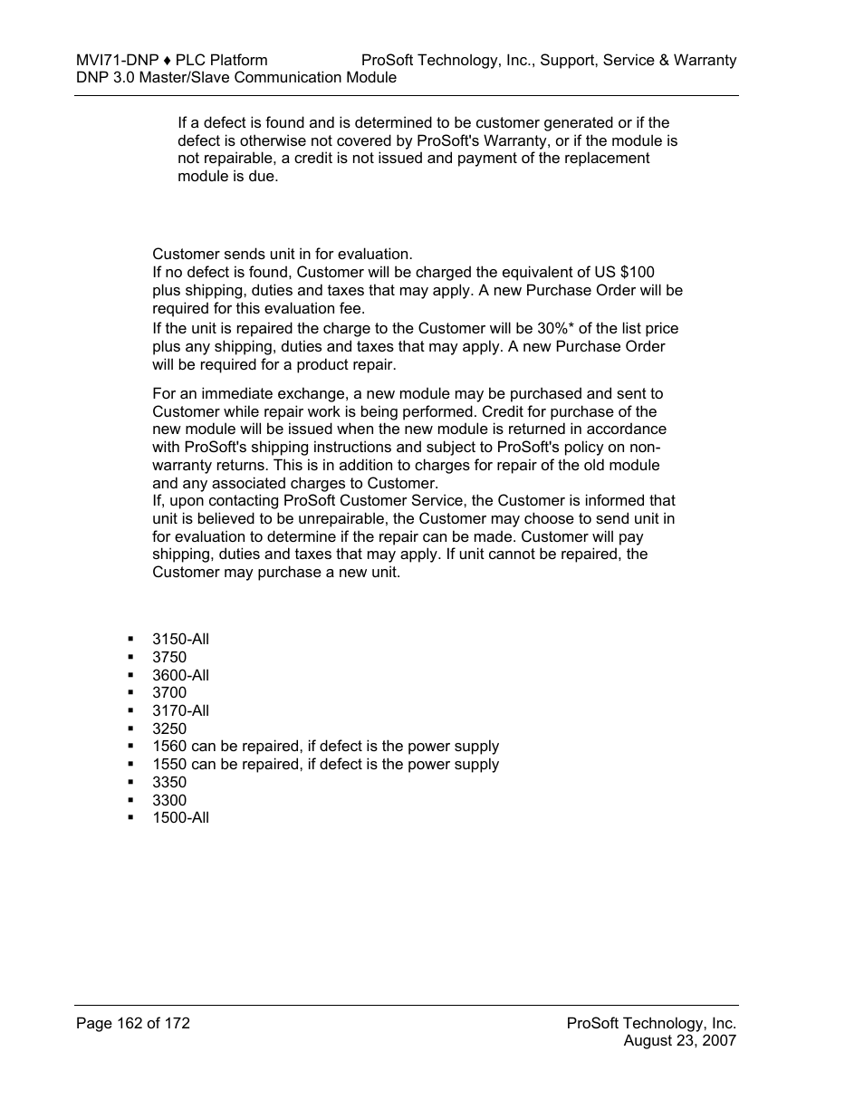 Procedures for return of units out of warranty, Un-repairable units | ProSoft Technology MVI71-DNP User Manual | Page 162 / 172