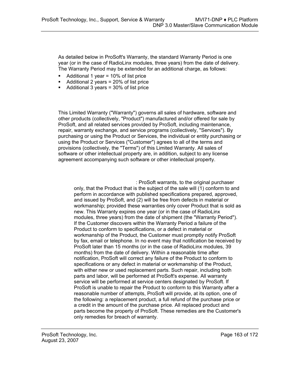 Purchasing warranty extension, Limited warranty, What is covered by this warranty | Limited, Warranty | ProSoft Technology MVI71-DNP User Manual | Page 163 / 172