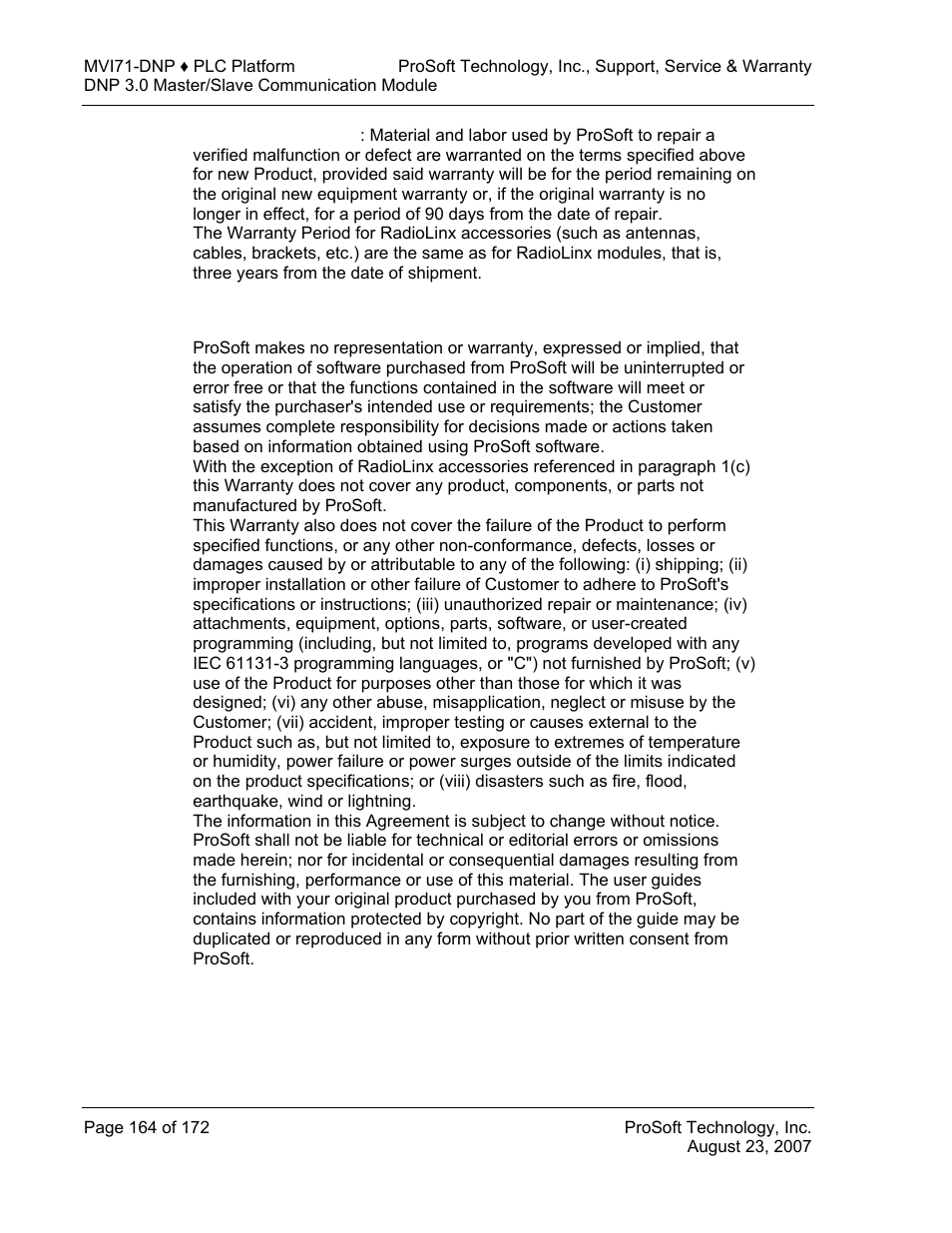 What is not covered by this warranty | ProSoft Technology MVI71-DNP User Manual | Page 164 / 172