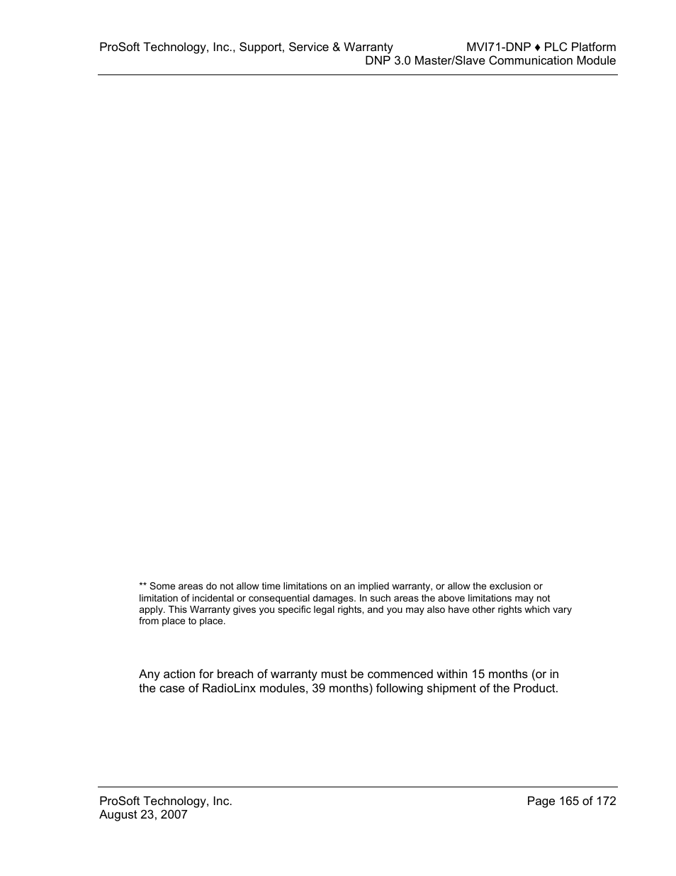 Disclaimer regarding high risk activities, Disclaimer of all other warranties, Limitation of remedies | Time limit for bringing suit | ProSoft Technology MVI71-DNP User Manual | Page 165 / 172