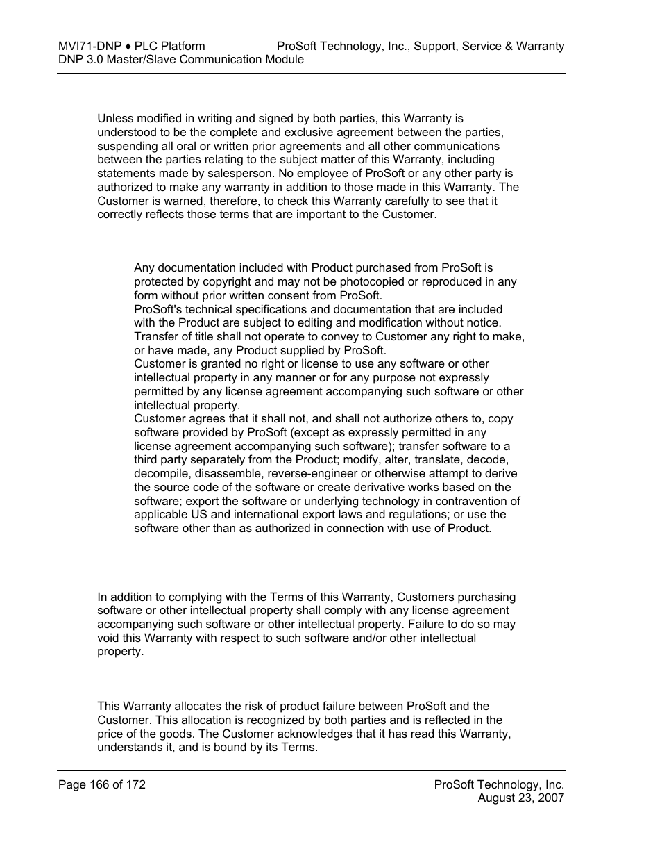 No other warranties, Intellectual property, Allocation of risks | ProSoft Technology MVI71-DNP User Manual | Page 166 / 172