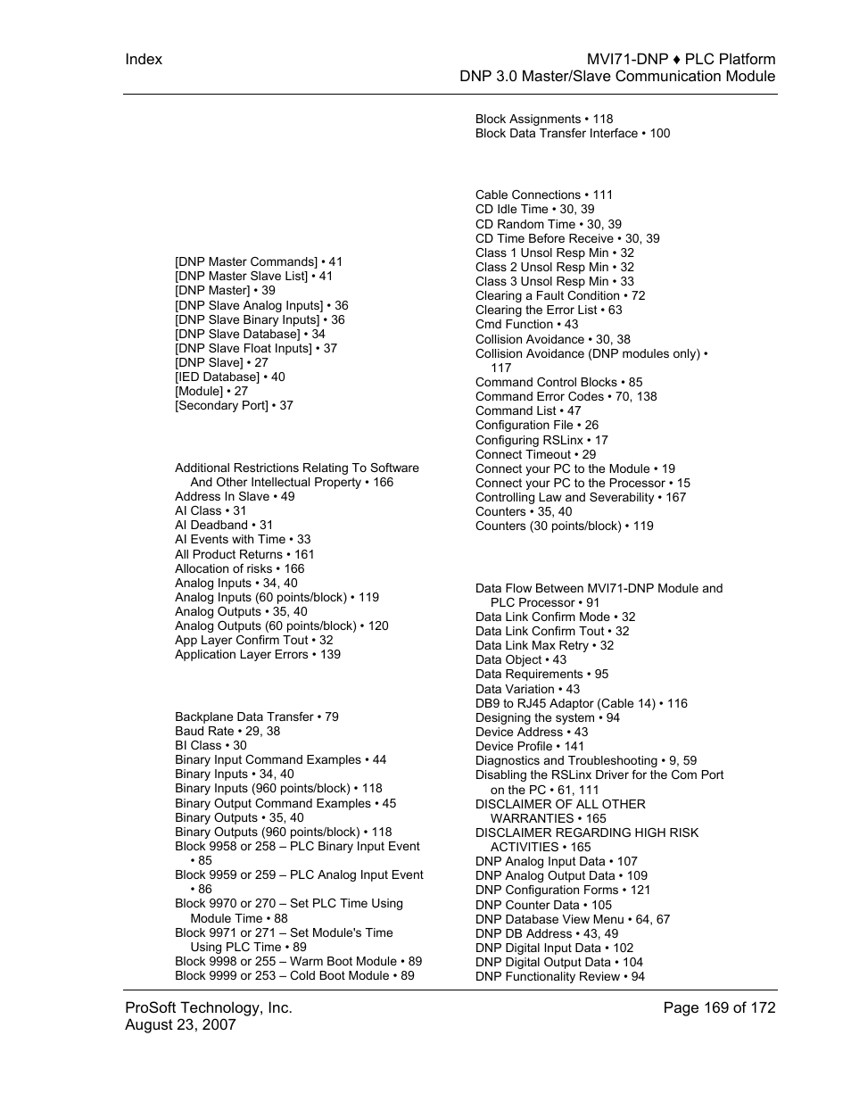 Index | ProSoft Technology MVI71-DNP User Manual | Page 169 / 172