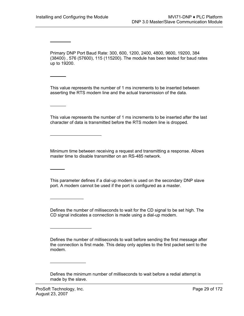 Baud rate, Rts on, Rts off | Minimum response delay, Modem, Connect timeout, First character delay, Redial delay time | ProSoft Technology MVI71-DNP User Manual | Page 29 / 172