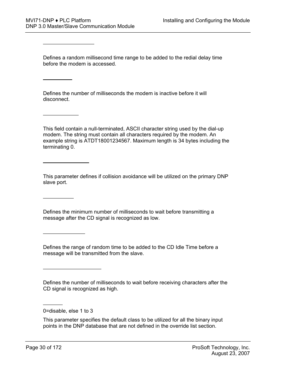 Redial random delay, Idle timeout, Phone number | Collision avoidance, Cd idle time, Cd random time, Cd time before receive, Bi class | ProSoft Technology MVI71-DNP User Manual | Page 30 / 172