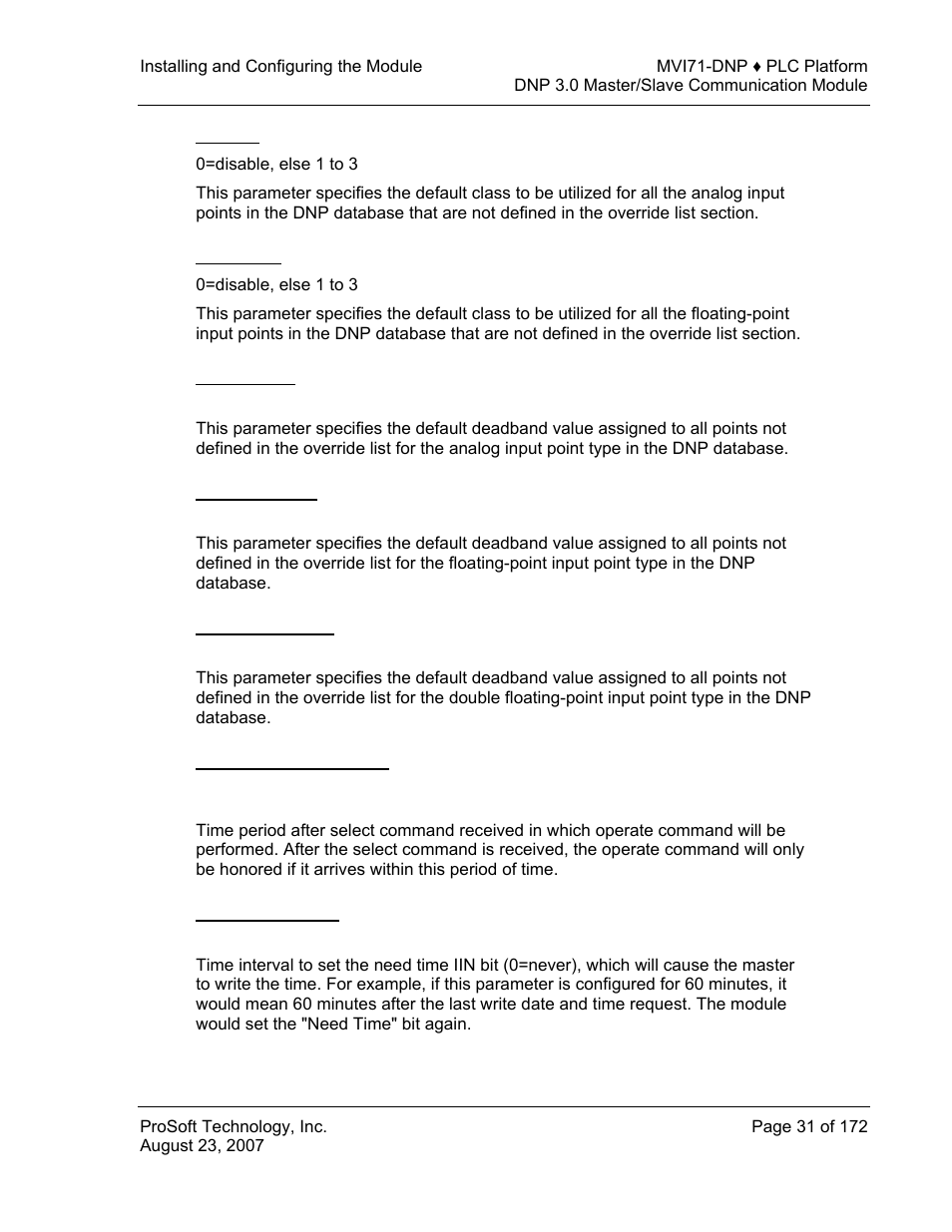 Ai class, Float class, Ai deadband | Float deadband, Double deadband, Select/operate arm time, Write time interval | ProSoft Technology MVI71-DNP User Manual | Page 31 / 172