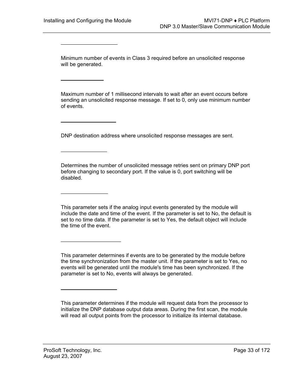 Class 3 unsol resp min, Unsol resp delay, Uresp master address | Uresp retry count, Ai events with time, Time sync before events, Initialize dnp database | ProSoft Technology MVI71-DNP User Manual | Page 33 / 172