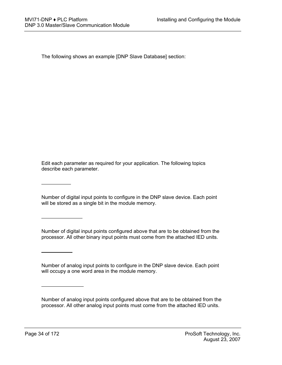 Dnp slave database, Binary inputs, Plc binary inputs | Analog inputs, Plc analog inputs | ProSoft Technology MVI71-DNP User Manual | Page 34 / 172