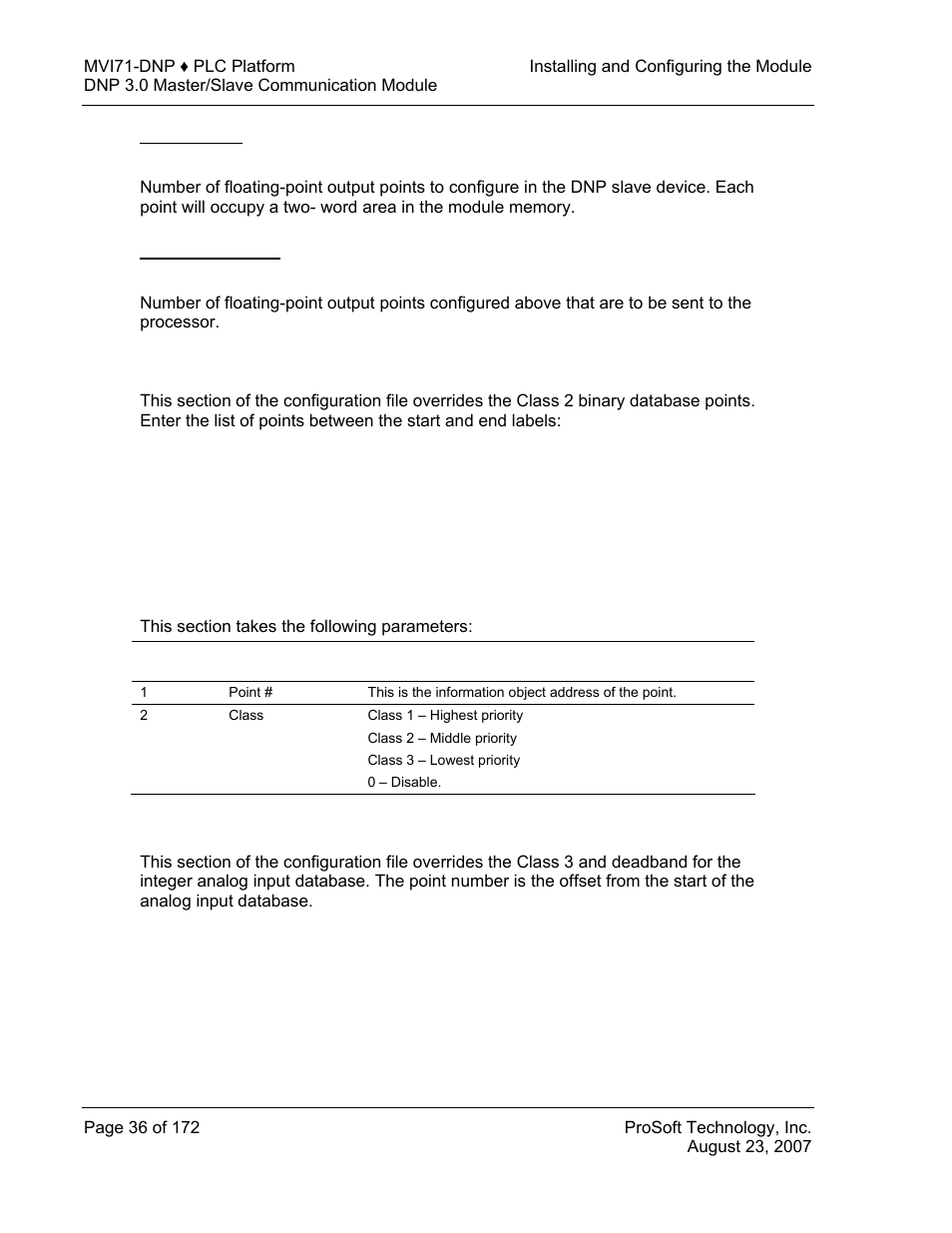 Float outputs, Plc float outputs, Dnp slave binary inputs | Dnp slave analog inputs | ProSoft Technology MVI71-DNP User Manual | Page 36 / 172