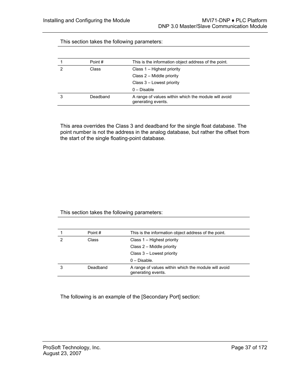 Dnp slave float inputs, Secondary port | ProSoft Technology MVI71-DNP User Manual | Page 37 / 172