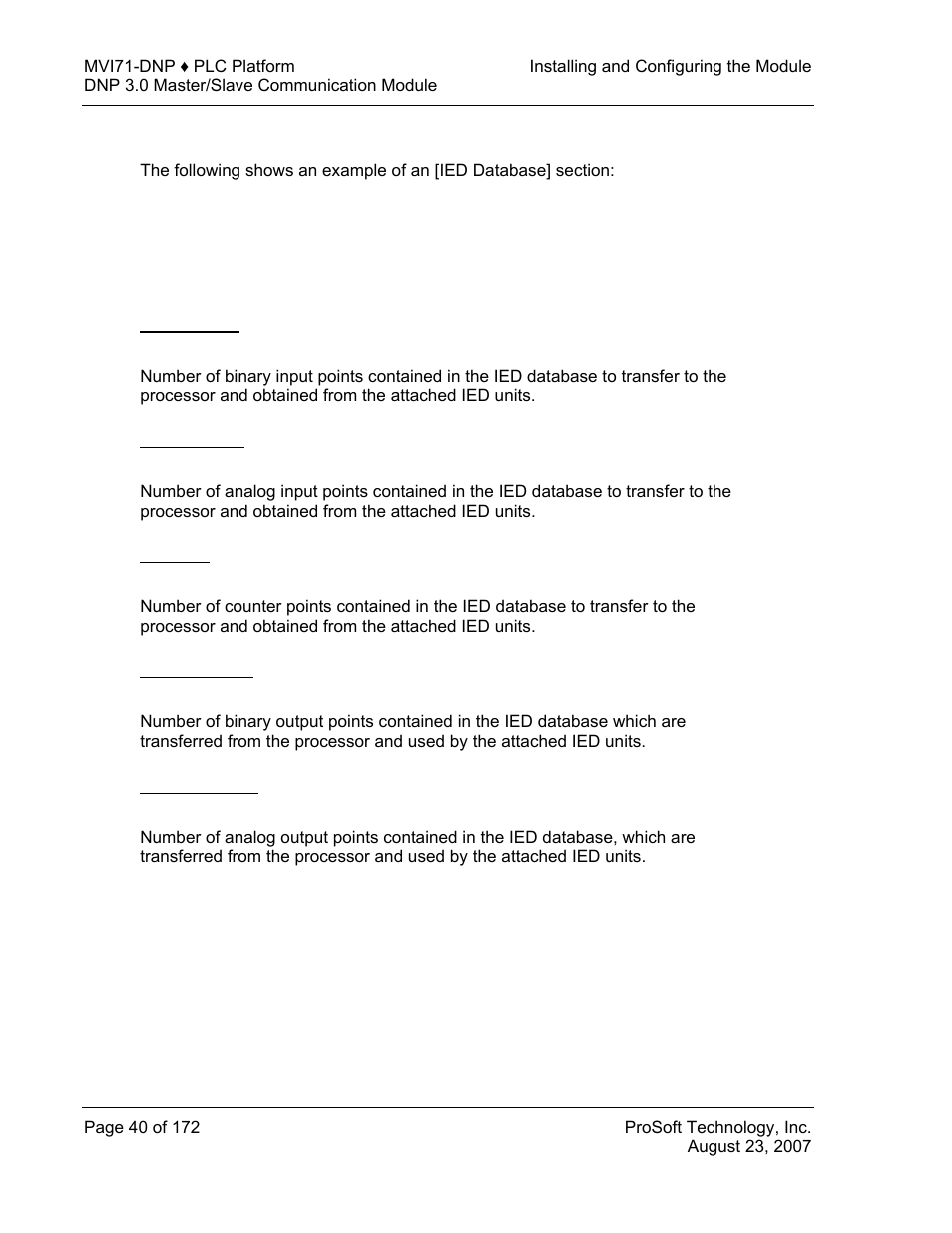 Ied database, Binary inputs, Analog inputs | Counters, Binary outputs, Analog outputs | ProSoft Technology MVI71-DNP User Manual | Page 40 / 172