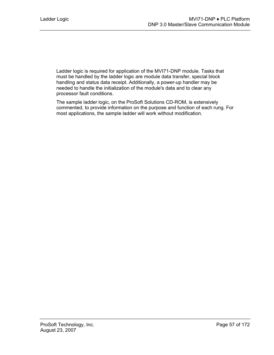 Ladder logic, 3 ladder logic | ProSoft Technology MVI71-DNP User Manual | Page 57 / 172