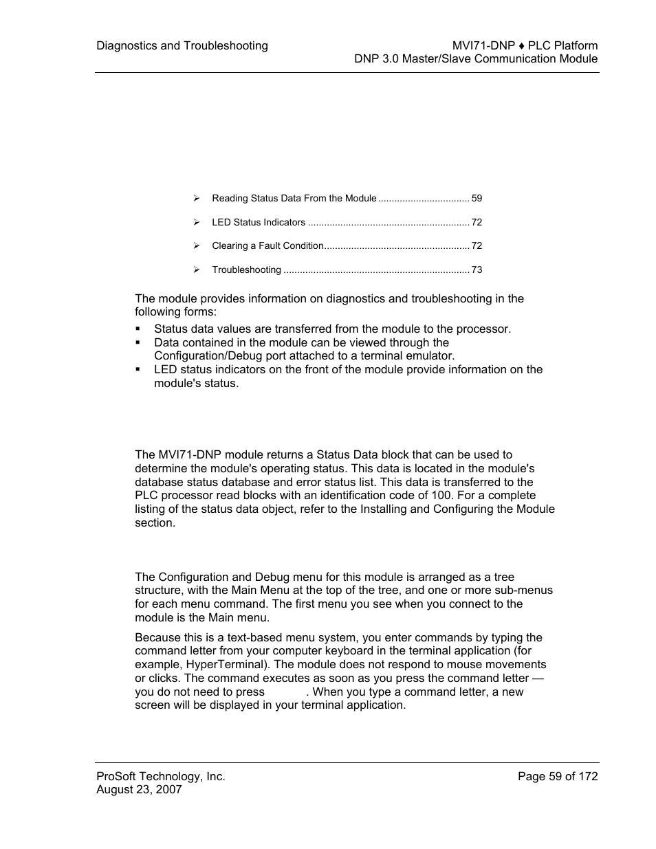 Diagnostics and troubleshooting, Reading status data from the module, The configuration/debug menu | E 59), 4 diagnostics and troubleshooting | ProSoft Technology MVI71-DNP User Manual | Page 59 / 172