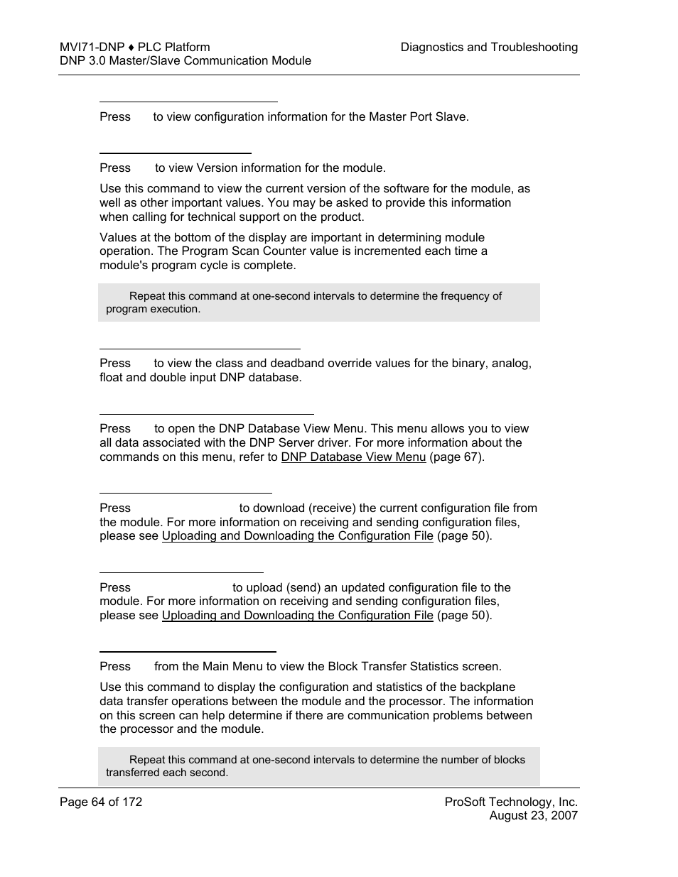 Viewing master port slave setup, Viewing version information, Opening the class assignment menu | Opening the dnp database view menu, Receiving the configuration file, Sending the configuration file, Viewing block transfer statistics | ProSoft Technology MVI71-DNP User Manual | Page 64 / 172