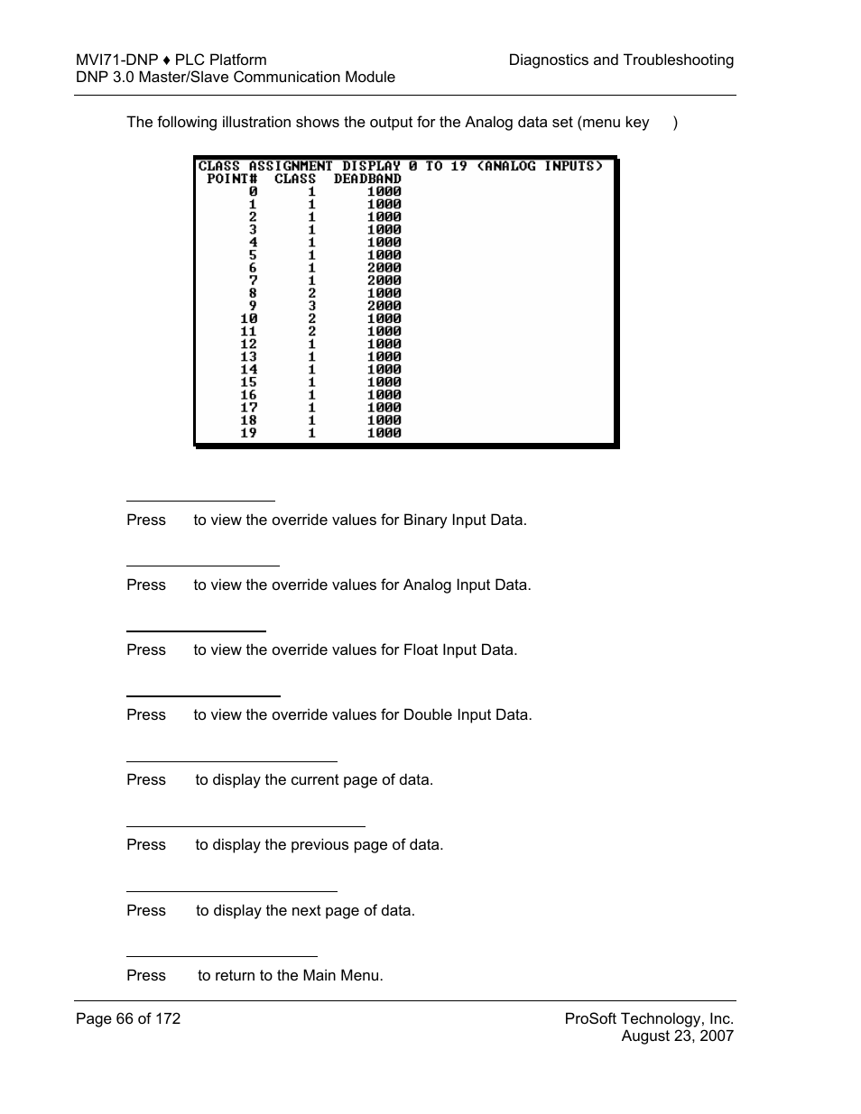 Viewing binary inputs, Viewing analog inputs, Viewing float inputs | Viewing double inputs, Returning to the main menu | ProSoft Technology MVI71-DNP User Manual | Page 66 / 172