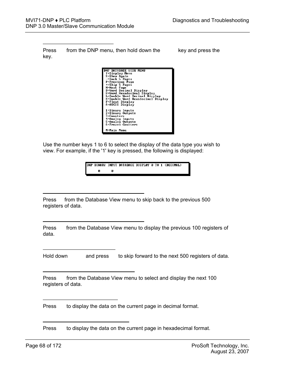 Viewing data type databases, Viewing the previous 100 registers of data, Skipping 500 registers of data | Viewing the next 100 registers of data, Viewing data in decimal format, Viewing data in hexadecimal format | ProSoft Technology MVI71-DNP User Manual | Page 68 / 172