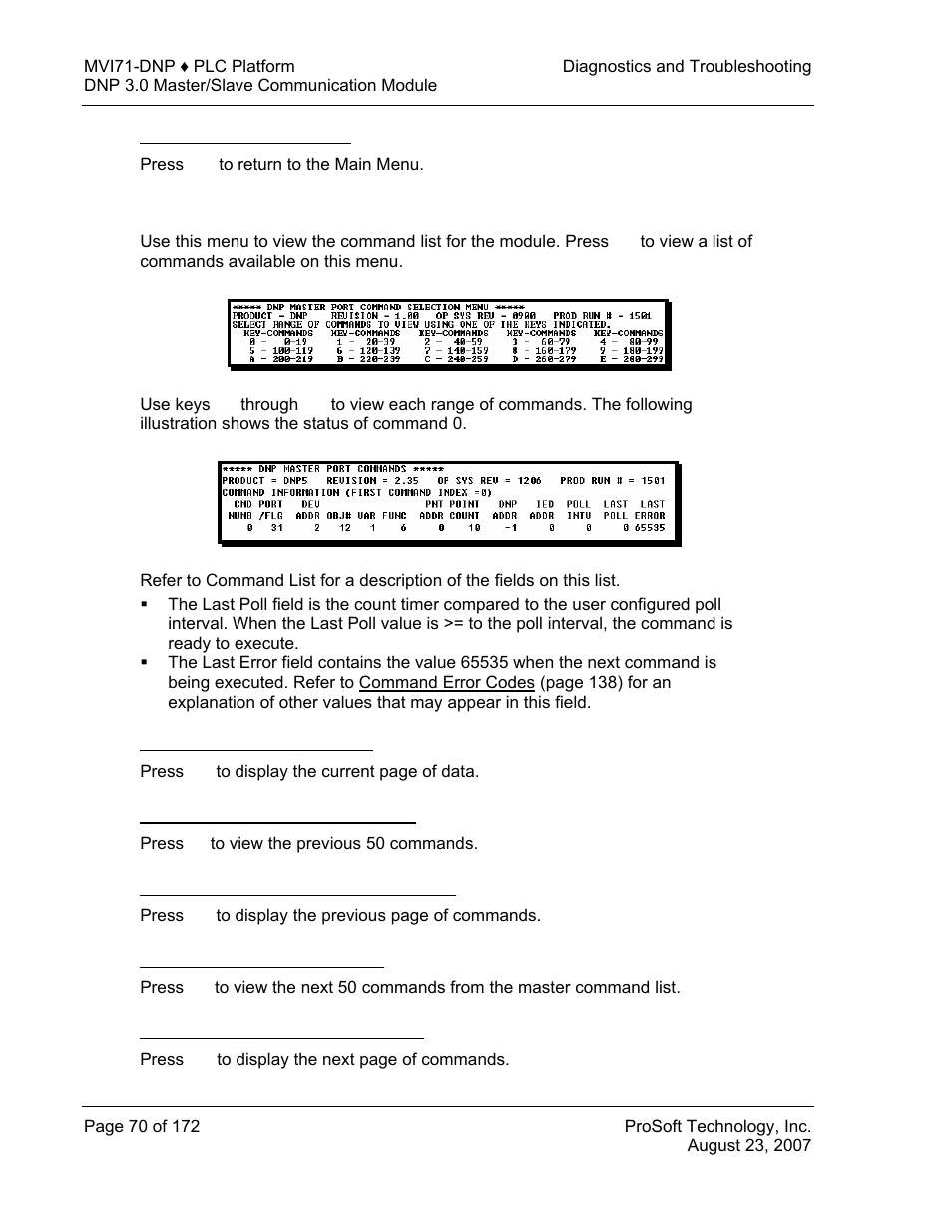 Returning to the main menu, Master command list menu, Viewing the previous 50 commands | Viewing the next 50 commands | ProSoft Technology MVI71-DNP User Manual | Page 70 / 172