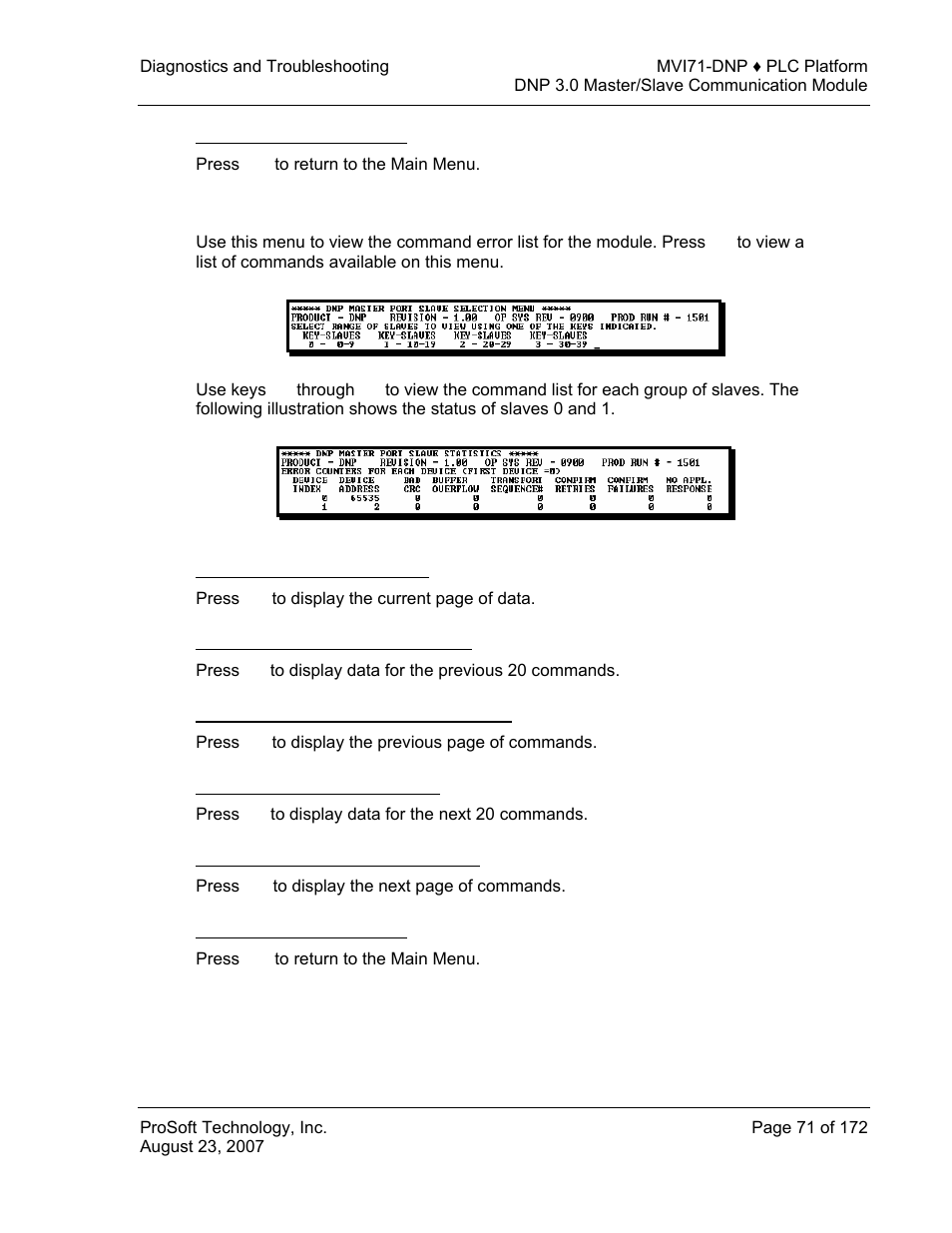 Returning to the main menu, Master command error list menu, Viewing the previous 20 commands | Viewing the next 20 commands | ProSoft Technology MVI71-DNP User Manual | Page 71 / 172