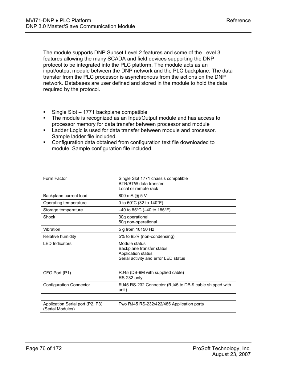 Features and benefits, General specifications, Hardware specifications | ProSoft Technology MVI71-DNP User Manual | Page 76 / 172