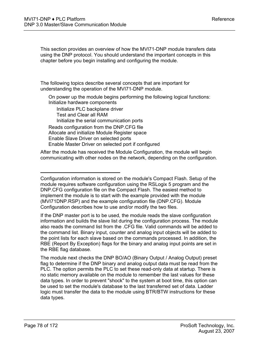 Functional overview, General concepts, Module power up and configuration | E 78), Functional, Overview | ProSoft Technology MVI71-DNP User Manual | Page 78 / 172