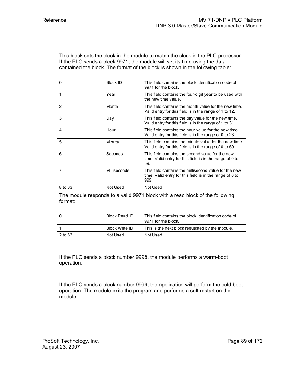 Block 9998 or 255 – warm boot module, Block 9999 or 253 – cold boot module | ProSoft Technology MVI71-DNP User Manual | Page 89 / 172