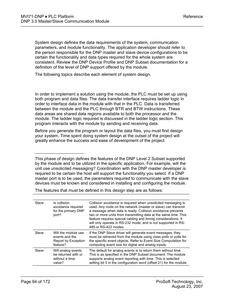 Designing the system, System design considerations, Dnp functionality review | Designing, The system | ProSoft Technology MVI71-DNP User Manual | Page 94 / 172