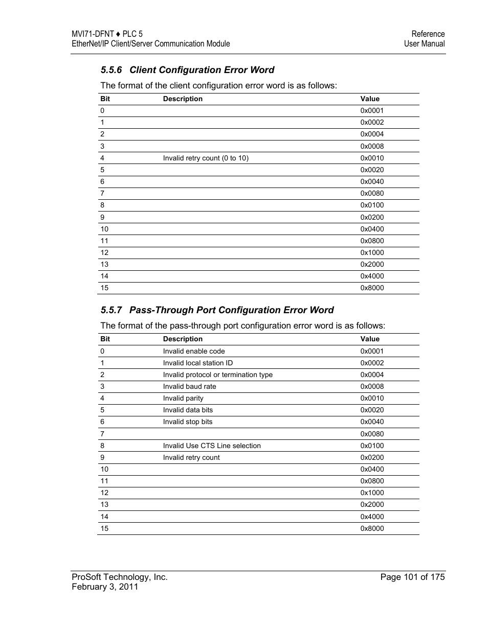 6 client configuration error word, 7 pass-through port configuration error word | ProSoft Technology MVI71-DFNT User Manual | Page 101 / 175