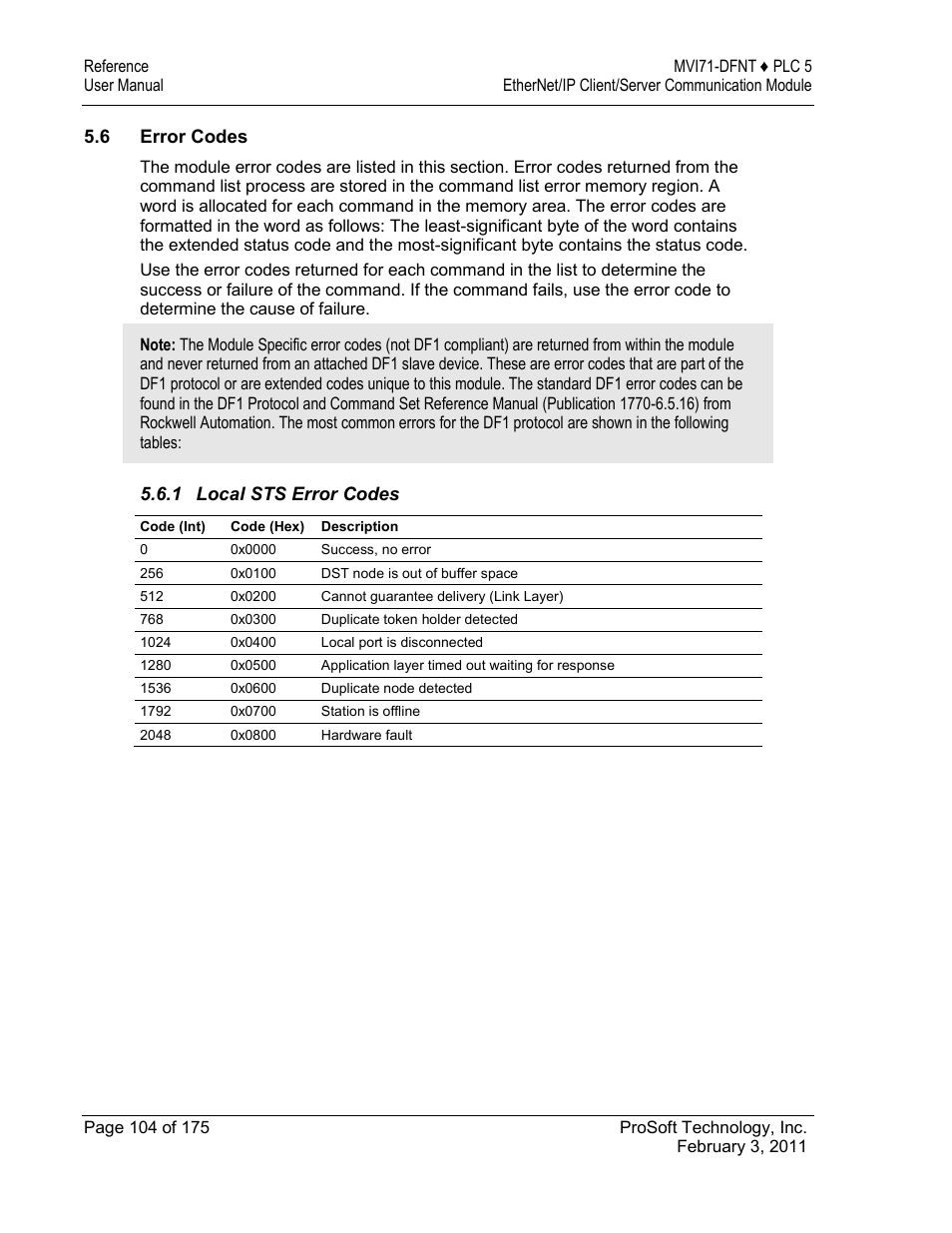 Error codes | ProSoft Technology MVI71-DFNT User Manual | Page 104 / 175