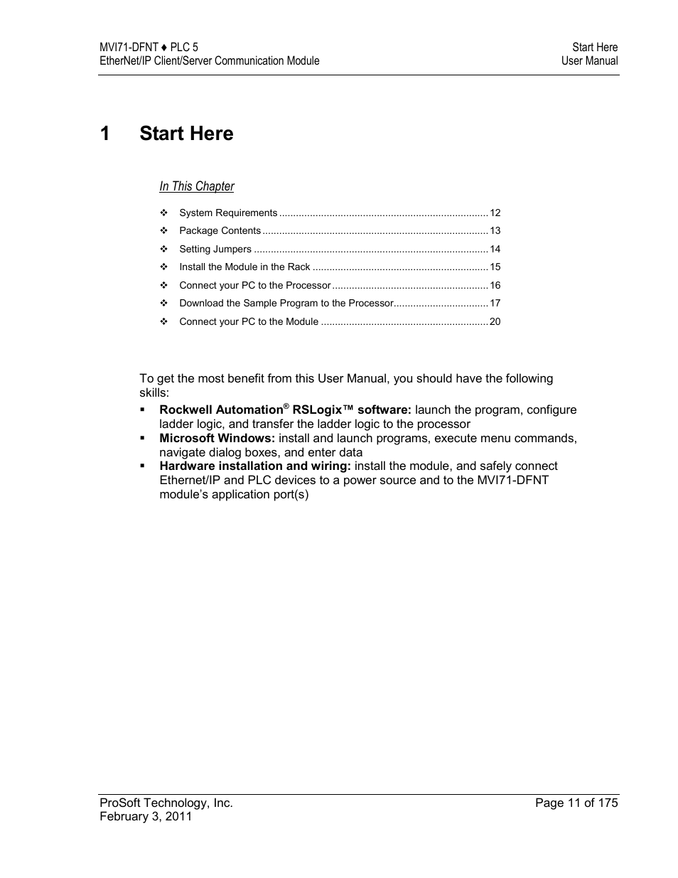 E 11), 1 start here | ProSoft Technology MVI71-DFNT User Manual | Page 11 / 175