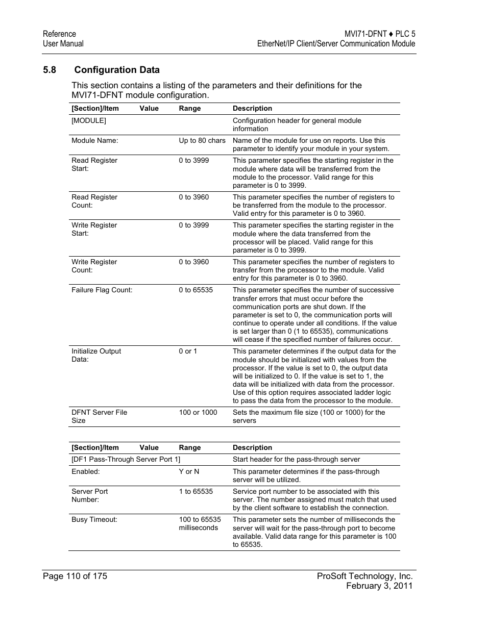 Configuration data, 8 configuration data | ProSoft Technology MVI71-DFNT User Manual | Page 110 / 175