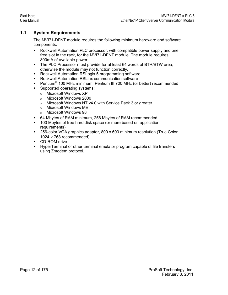 System requirements | ProSoft Technology MVI71-DFNT User Manual | Page 12 / 175