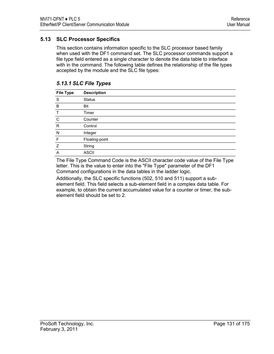 Slc processor specifics | ProSoft Technology MVI71-DFNT User Manual | Page 131 / 175