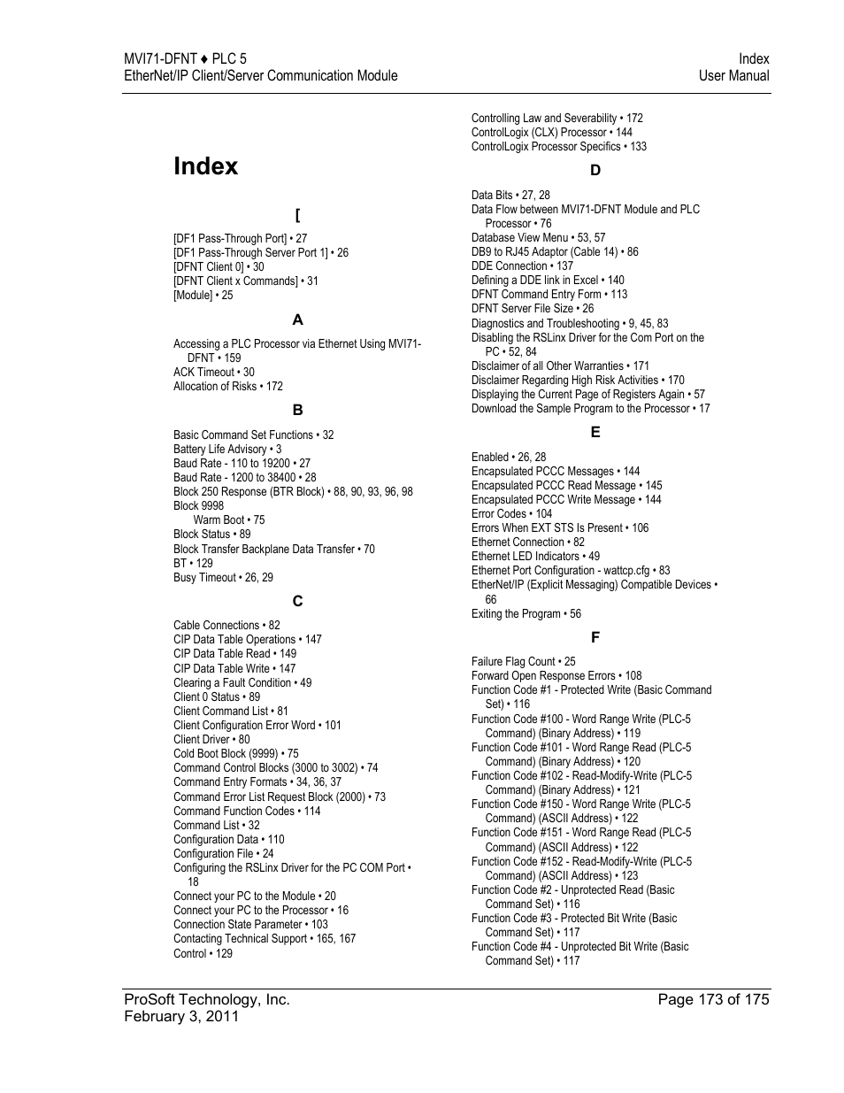 Index | ProSoft Technology MVI71-DFNT User Manual | Page 173 / 175
