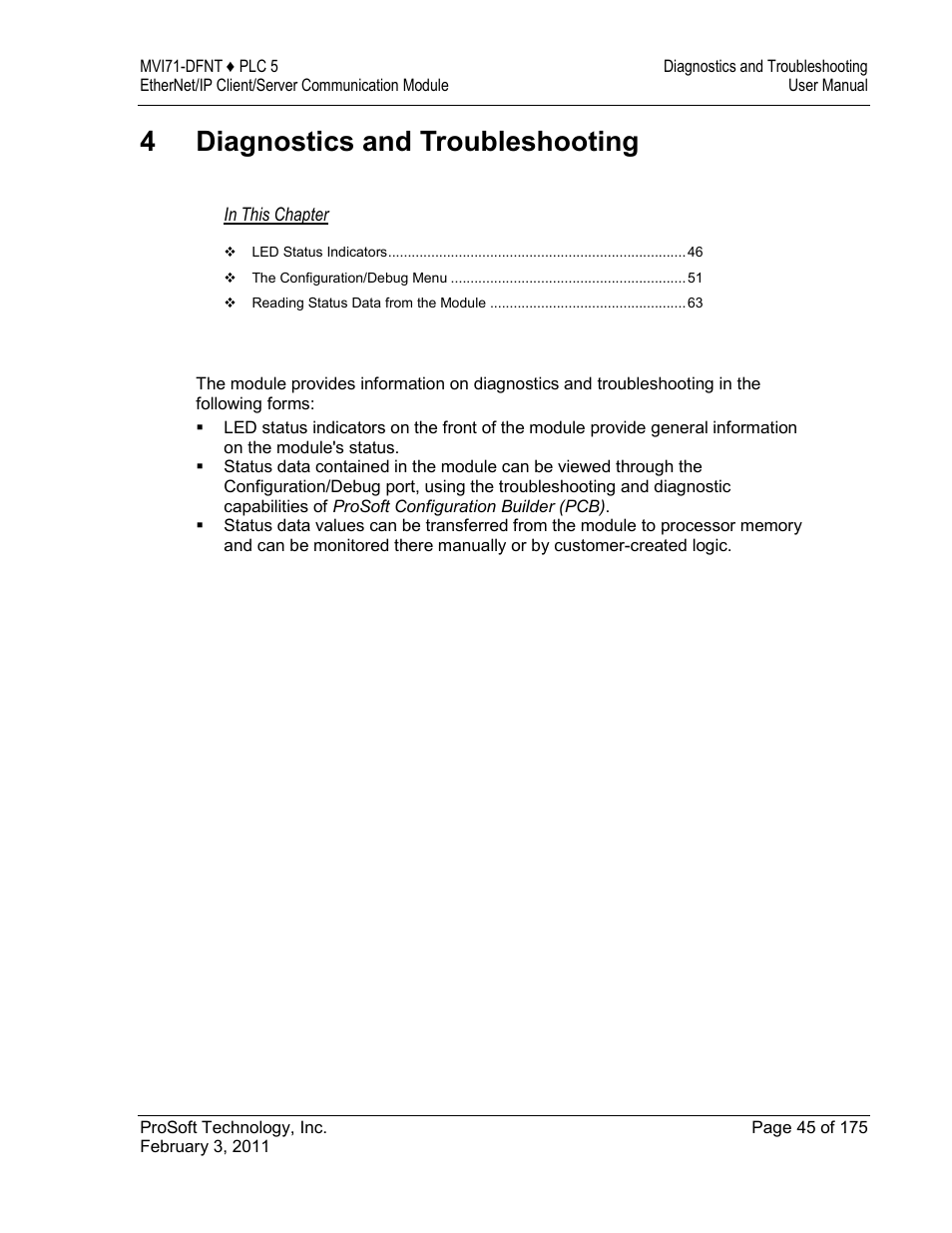 4 diagnostics and troubleshooting | ProSoft Technology MVI71-DFNT User Manual | Page 45 / 175