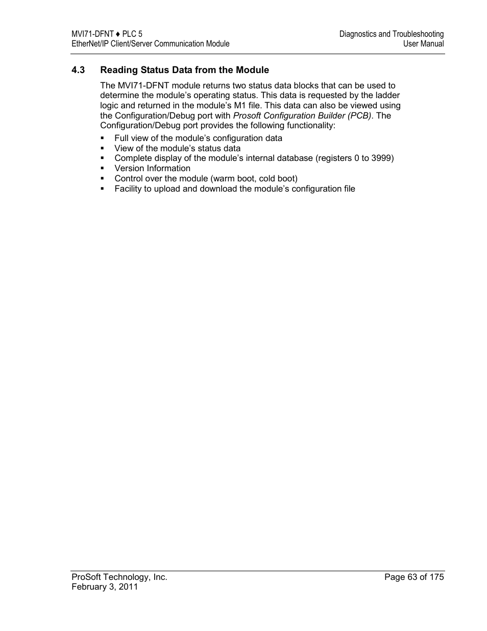 Reading status data from the module | ProSoft Technology MVI71-DFNT User Manual | Page 63 / 175