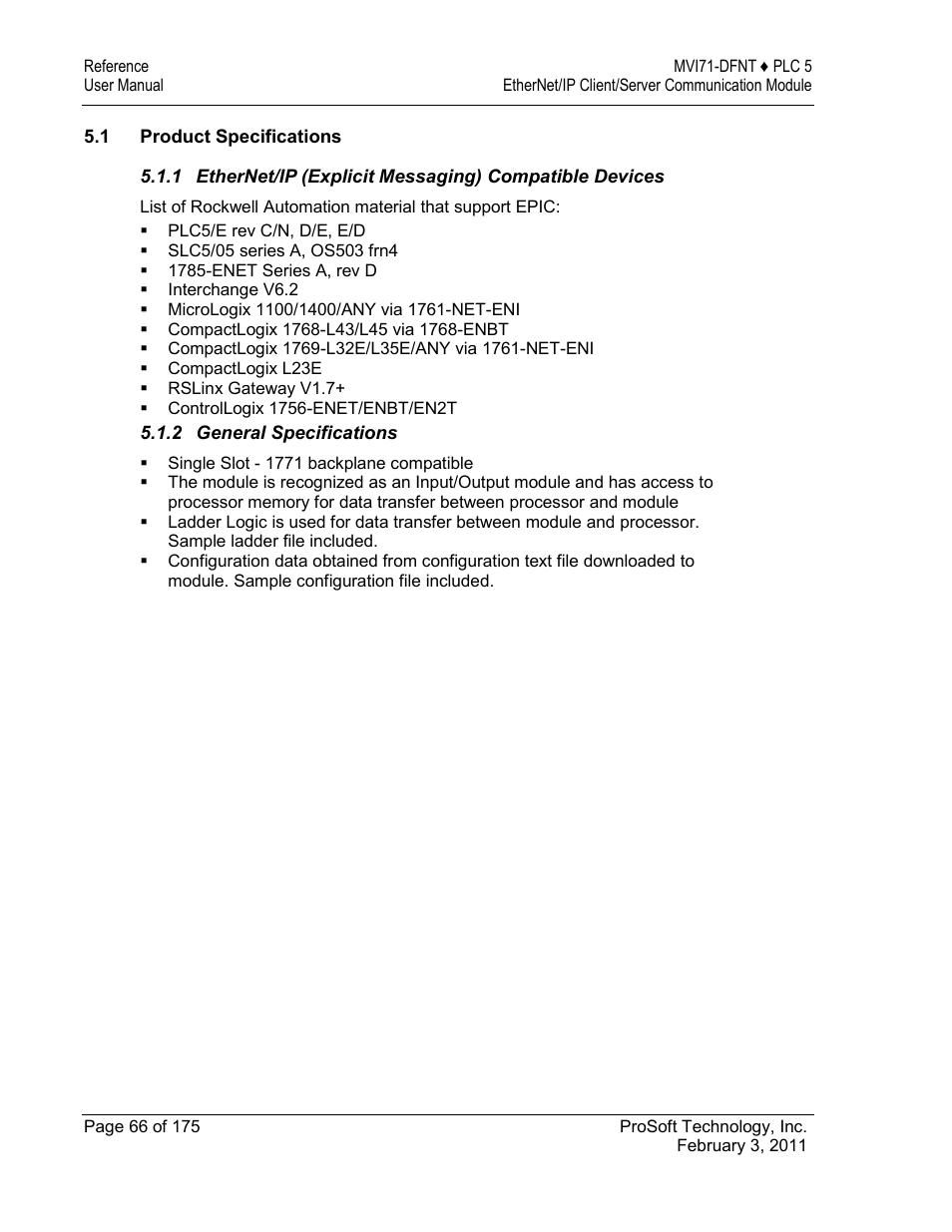 Product specifications | ProSoft Technology MVI71-DFNT User Manual | Page 66 / 175