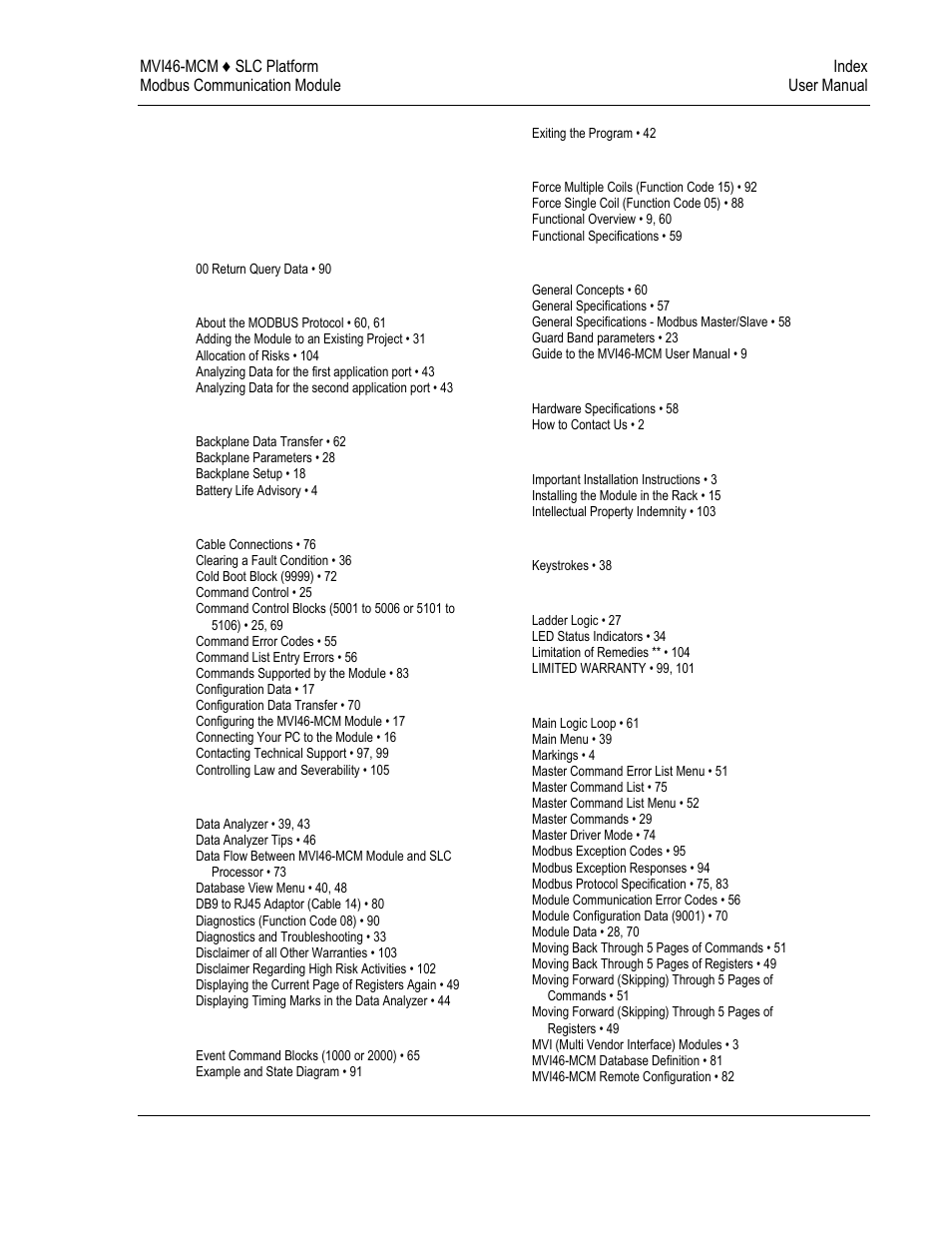 Index | ProSoft Technology MVI46-MCM User Manual | Page 107 / 108