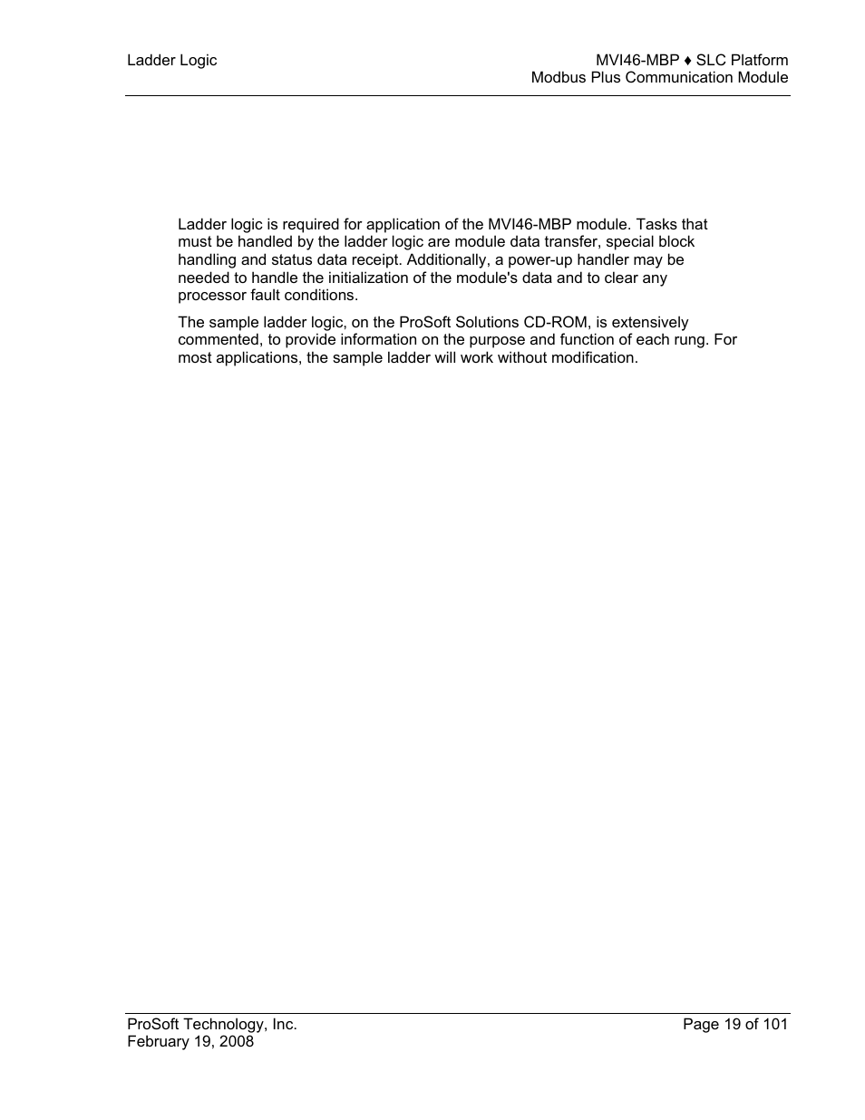 Ladder logic, 3 ladder logic | ProSoft Technology MVI46-MBP User Manual | Page 19 / 101