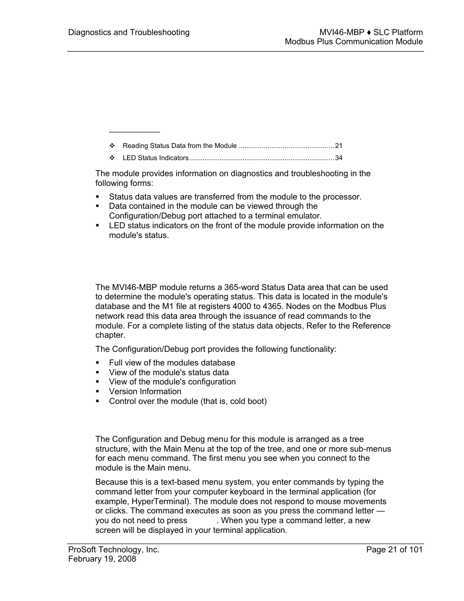 Diagnostics and troubleshooting, Reading status data from the module, The configuration/debug menu | E 21), 4 diagnostics and troubleshooting | ProSoft Technology MVI46-MBP User Manual | Page 21 / 101