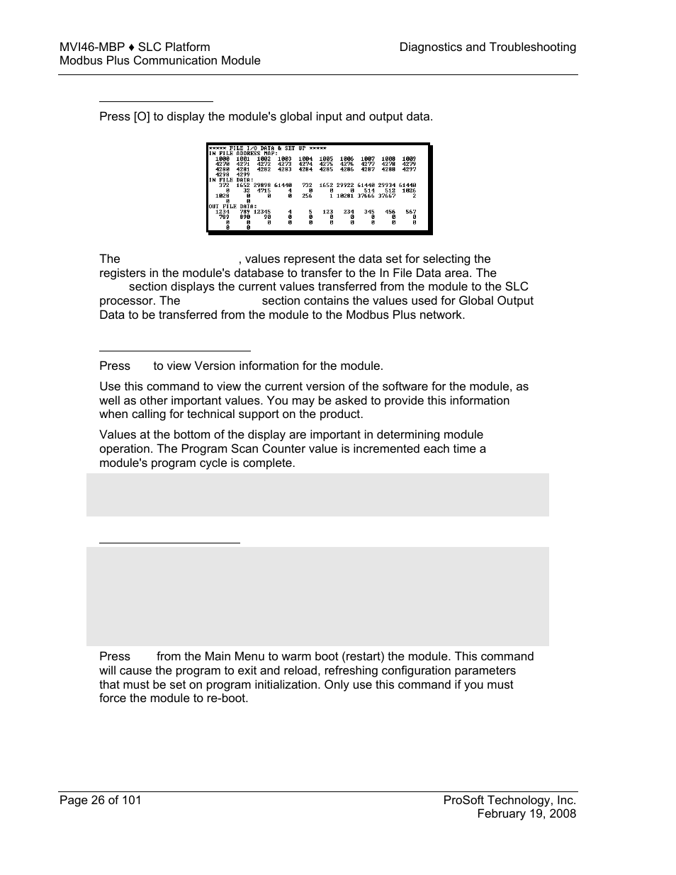 Viewing i/o file data, Viewing version information, Warm booting the module | ProSoft Technology MVI46-MBP User Manual | Page 26 / 101