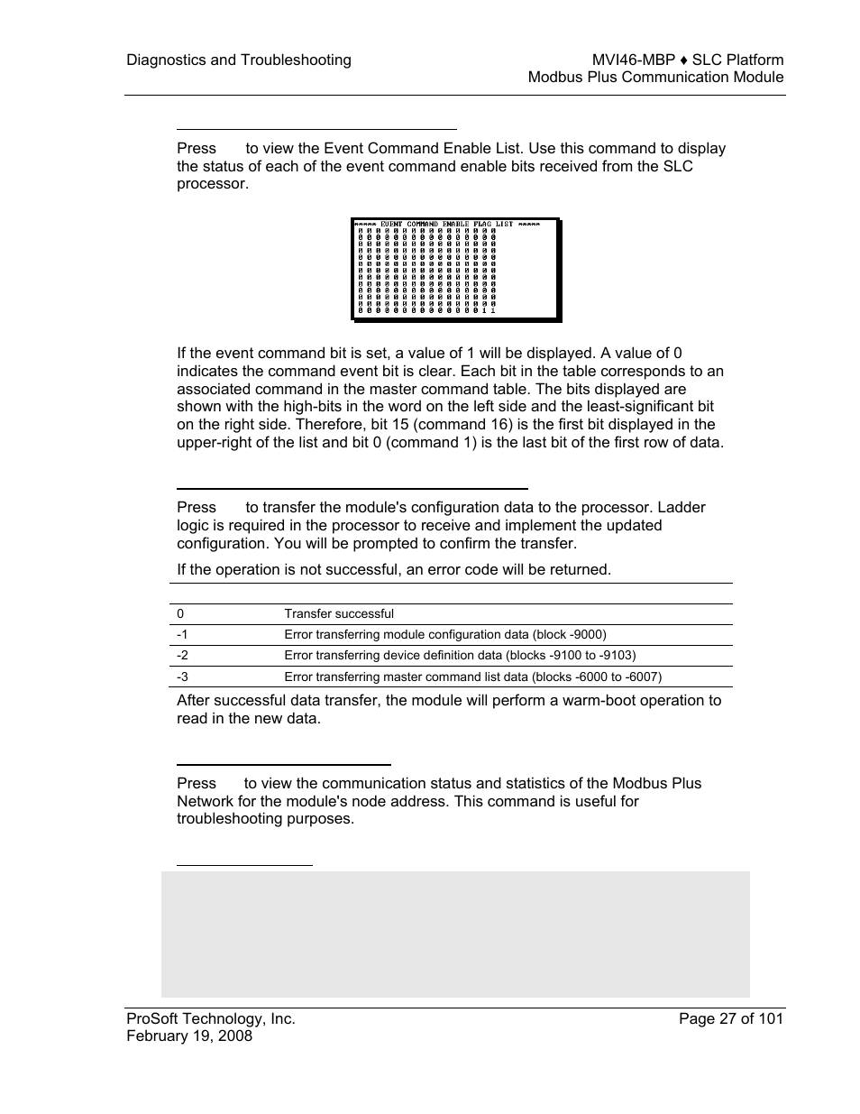 Viewing the event command enable list, Transferring module configuration to the processor, Viewing communication status | Exiting the program | ProSoft Technology MVI46-MBP User Manual | Page 27 / 101