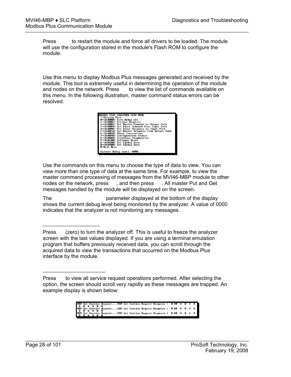 Data analyzer, 0x0000) turn debug off, 0x0001) service requests | ProSoft Technology MVI46-MBP User Manual | Page 28 / 101
